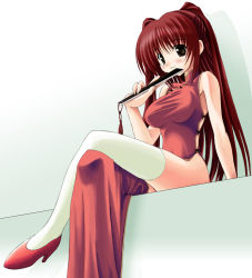 Rule 34 | 00s, :3, blush, brown eyes, china dress, chinese clothes, crossed legs, dress, folded fan, folding fan, hand fan, high heels, kousaka tamaki, long hair, noritama (gozen), red dress, red hair, shoes, sitting, solo, thighhighs, thighs, to heart (series), to heart 2, white thighhighs