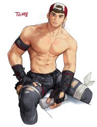 Rule 34 | 1boy, abs, backwards hat, bandages, bara, baseball cap, blush, borrowed character, breath, bulge, commission, denim, fingerless gloves, gloves, hat, highres, jeans, large pectorals, long sideburns, looking at viewer, male focus, muscular, muscular male, navel, nipples, original, pants, pectorals, rinotuna, second-party source, topless male, short hair, sideburns, sitting, solo, spread legs, stomach, sweat, thighs, torn clothes, torn pants