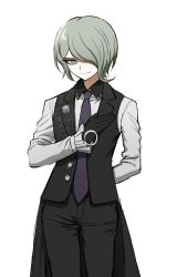 Rule 34 | 1boy, arm behind back, black gloves, black pants, black vest, closed mouth, collared shirt, cowboy shot, danganronpa (series), danganronpa v3: killing harmony, formal, genderswap, genderswap (ftm), gloves, green eyes, grey background, grey shirt, hair over one eye, hand on own chest, highres, long sleeves, looking at viewer, male focus, necktie, no (xpxz7347), pants, purple necktie, shirt, short hair, simple background, smile, solo, tojo kirumi, vest, white background, white shirt