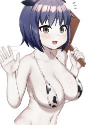 Rule 34 | 1girl, absurdres, animal ears, animal print, bikini, black eyes, blue hair, blush, breasts, cleavage, colored skin, commentary request, cookie (touhou), cow ears, cow print, cowboy shot, cropped torso, highres, holding, holding sign, large breasts, looking at viewer, milk (cookie), murasa minamitsu, navel, notice lines, open mouth, print bikini, resolution mismatch, short hair, sign, simple background, sinzen, smile, solo, source larger, swimsuit, touhou, waving, white background, white skin