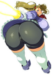 Rule 34 | 10s, 1girl, anus, ass, beam saber, belt, bike shorts, breasts, brown eyes, brown hair, cameltoe, closed mouth, commentary request, covered erect nipples, frilled sleeves, frills, gundam, gundam build fighters, gundam build fighters try, gyan, hair ornament, highres, holding, holding weapon, hyper gyanko, kazumi yoshiyuki, large breasts, long hair, looking at viewer, looking back, mecha, mecha musume, neckerchief, pussy, robot, sazaki kaoruko, shiny clothes, smile, solo, thighhighs, twintails, walking, weapon, white thighhighs