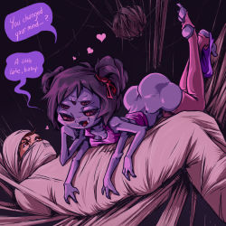 Rule 34 | 1boy, 1girl, absurdres, arthropod girl, ass, blue skin, blush, bottomless, breasts, bug, butt crack, cleavage, colored skin, english text, extra arms, extra eyes, fangs, feet, heart, heart-shaped pupils, highres, insect girl, monster girl, muffet, plague of gripes, purple eyes, purple hair, small breasts, smile, speech bubble, spider, spider girl, symbol-shaped pupils, tank top, text focus, thighhighs, toeless legwear, twintails, undertale, you gonna get raped