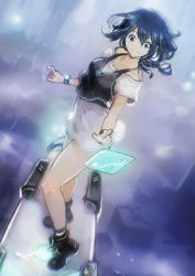 Rule 34 | 1girl, absurdres, black hair, bracelet, city, dress, flying, green eyes, highres, holographic interface, hoverboard, jewelry, okuto, original, short hair, smile, solo, standing