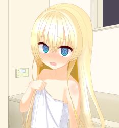 Rule 34 | 1girl, @ @, arm at side, bare shoulders, bathroom, blonde hair, blue eyes, blush, collarbone, commentary, embarrassed, eyes visible through hair, full-face blush, hair between eyes, hair down, hand up, highres, indoors, long hair, looking at viewer, moshikineko64, naked towel, nose blush, open mouth, shirayuki noa, solo, straight hair, sweatdrop, tearing up, tenshi souzou re-boot!, towel, upper body, upturned eyes, very long hair