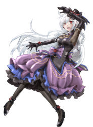 Rule 34 | 1girl, anklet, braid, earrings, elbow gloves, frilled skirt, frills, full body, gloves, grey hair, high heels, jewelry, long hair, open mouth, os (kazos), pantyhose, project diva, project diva (series), project diva extend, red eyes, shoes, simple background, single braid, skirt, smile, solo, vocaloid, white background, wrist cuffs, yowane haku