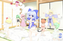 Rule 34 | 6+girls, :&lt;, :d, = =, aiming, aiming at viewer, animal ears, antennae, bare legs, barefoot, blonde hair, bloomers, blue eyes, blue hair, blush, bottomless, bow, breasts, brown hair, camisole, cat ears, cat tail, chen, cirno, cleavage, daiyousei, dakimakura (object), dress shirt, earrings, fang, feet, fox ears, fox tail, futon, gap (touhou), green eyes, green hair, hair bow, hair ribbon, heavy breathing, highres, hood, hoodie, ice, ice wings, jewelry, looking at viewer, mofu mofu, multiple girls, multiple tails, mystia lorelei, naked hoodie, naked shirt, navel, nightgown, open clothes, open hoodie, open mouth, outstretched arms, pajamas, paw print, pillow, pillow fight, pink eyes, pink hair, ribbon, rumia, shirt, short hair, shorts, side ponytail, sleepwear, smile, tail, team 9 (touhou), toes, touhou, underwear, unzipped, wings, wriggle nightbug, yakumo ran, yes-no pillow