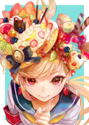 Rule 34 | 1girl, banana, blonde hair, blue sailor collar, blueberry, commentary request, earrings, food, food on face, food on head, fruit, ice cream, index finger raised, jewelry, licking lips, long hair, looking at viewer, neckerchief, object on head, original, pocky, red eyes, safety pin, sailor collar, smile, solo, strawberry, swept bangs, tocope, tongue, tongue out, upper body, yellow neckerchief