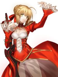 Rule 34 | 10s, 1girl, arm up, blonde hair, breasts, cleavage, dress, fate/extra, fate (series), highres, juliet sleeves, long sleeves, looking at viewer, minamina, nero claudius (fate), nero claudius (fate) (all), nero claudius (fate/extra), panties, pantyshot, puffy sleeves, red dress, see-through, smile, solo, standing, sword, underwear, weapon, white panties, yellow eyes