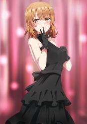 Rule 34 | 1girl, black bra, black dress, black gloves, blush, bow, bow earrings, bra, breasts, brown eyes, brown hair, commentary, dars (recolors), dress, earrings, frilled dress, frills, gloves, hand on own chest, highres, isshiki iroha, jewelry, looking at viewer, medium breasts, medium hair, parted lips, sleeveless, sleeveless dress, smile, solo, standing, underwear, yahari ore no seishun lovecome wa machigatteiru.