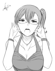 Rule 34 | 10s, arms up, cross, cross necklace, dress, glasses, greyscale, jewelry, kaga (kancolle), kantai collection, looking at viewer, monochrome, necklace, open mouth, side ponytail, sleeveless, sleeveless dress, solo, strap, wangphing