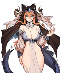 Rule 34 | 1girl, armor, blue eyes, boobplate, breastplate, breasts, cleavage, closed mouth, curled horns, detached collar, detached sleeves, distr, dragon girl, dragon tail, fingernails, hair between eyes, hand up, highres, horns, large breasts, long sleeves, looking at viewer, navel, no panties, orange hair, original, pelvic curtain, revealing clothes, scales, sharp fingernails, silver dragon girl (distr), simple background, smile, solo, standing, tail, veil, white background
