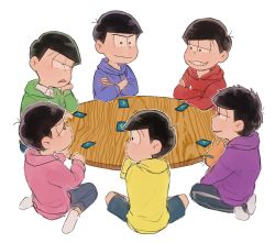 Rule 34 | 10s, 6+boys, brothers, card, hood, hoodie, indian style, looking at another, male focus, matsuno choromatsu, matsuno ichimatsu, matsuno jyushimatsu, matsuno karamatsu, matsuno osomatsu, matsuno todomatsu, multiple boys, osomatsu-kun, osomatsu-san, osomatsu (series), saytzeff, seiza, sextuplets, siblings, sitting, table, wariza