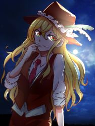 Rule 34 | blonde hair, cloud, cloudy sky, dolls in pseudo paradise, finger to mouth, hat, hat ornament, jacket girl (dipp), looking at viewer, moon, night, night sky, rokki hero, sky, smile, touhou