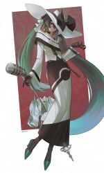 Rule 34 | 1girl, absurdres, black bow, black choker, black gloves, bow, choker, creatures (company), dark miku (project voltage), earrings, game freak, gloves, green footwear, green hair, halrt, hat, hat bow, hatsune miku, high heels, highres, holding, holding umbrella, jewelry, long skirt, long sleeves, looking at viewer, luxury ball, microphone, nintendo, off shoulder, one eye covered, poke ball, pokemon, project voltage, red eyes, skirt, twintails, umbrella, uneven twintails, vocaloid