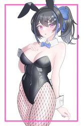 Rule 34 | 1girl, absurdres, alternate costume, animal ears, black leotard, blue bow, blush, bow, breasts, cleavage, commentary, detached collar, english commentary, fake animal ears, fishnet pantyhose, fishnets, gilijim, girls&#039; frontline, hair bow, hair ornament, hairpin, hexagram, highleg, highleg leotard, highres, jericho (girls&#039; frontline), leotard, looking at viewer, mole, mole under eye, multiple hairpins, multiple moles, open mouth, pantyhose, pink eyes, playboy bunny, ponytail, rabbit, simple background, solo, star (symbol), star hair ornament, star of david, wrist cuffs