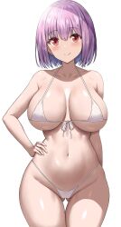 Rule 34 | 1girl, absurdres, arm behind back, bare shoulders, bikini, blush, bob cut, breasts, closed mouth, collarbone, cowboy shot, front-tie bikini top, front-tie top, gluteal fold, gridman universe, groin, hand on own hip, highres, jasony, large breasts, looking at viewer, micro bikini, navel, pink hair, red eyes, shinjou akane, short hair, simple background, smile, solo, ssss.gridman, stomach, swimsuit, thigh gap, thighs, underboob, white background, white bikini