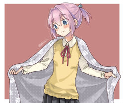 Rule 34 | 1girl, black skirt, blue eyes, blush, cloak, closed mouth, commentary request, cowboy shot, dress shirt, hair between eyes, kantai collection, long sleeves, neck ribbon, pink hair, r-king, red ribbon, ribbon, shiranui (kancolle), shirt, short hair, skirt, smile, solo, sweater vest, twitter username, white shirt, yellow sweater vest