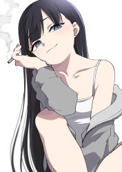 Rule 34 | 1girl, arm on knee, bare legs, black hair, blue eyes, breasts, camisole, cigarette, closed mouth, collarbone, commentary request, ear piercing, earrings, feet out of frame, grey jacket, hand on own chin, highres, holding, holding cigarette, ica, jacket, jewelry, long hair, long sleeves, looking at viewer, off shoulder, open clothes, open jacket, original, piercing, simple background, small breasts, smile, smoke, smoking, solo, spaghetti strap, stud earrings, white background, white camisole