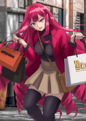 Rule 34 | 1girl, bag, baobhan sith (fate), black sweater, boots, breasts, brown skirt, curly hair, fate/grand order, fate (series), grey eyes, handbag, highres, jacket, ksfactory, leggings, medium breasts, open mouth, pointy ears, red hair, red jacket, shopping bag, skirt, sweater, thighhighs, zettai ryouiki