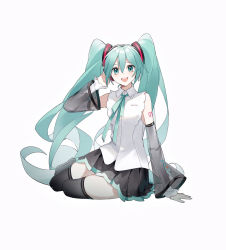 Rule 34 | 1girl, aqua eyes, aqua hair, aqua ribbon, arm support, bare shoulders, black skirt, black sleeves, black thighhighs, blouse, detached sleeves, hair ornament, hand on headphones, hand up, hatsune miku, hatsune miku (nt), headphones, heridy, highres, layered sleeves, long hair, looking at viewer, miniskirt, neck ribbon, open mouth, piapro, pleated skirt, ribbon, see-through, see-through legwear, see-through sleeves, shirt, shoulder tattoo, simple background, sitting, skindentation, skirt, sleeveless, sleeveless shirt, smile, solo, tattoo, thighhighs, twintails, very long hair, vocaloid, wariza, white background, white shirt, white sleeves, zettai ryouiki