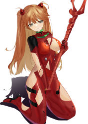 Rule 34 | 1girl, absurdres, alternate breast size, artist request, bodysuit, breasts, brown hair, evangelion: 3.0+1.0 thrice upon a time, expressionless, hair between eyes, highres, holding, holding weapon, interface headset, kneeling, lance of longinus (evangelion), long hair, looking at viewer, neon genesis evangelion, plugsuit, polearm, rebuild of evangelion, red bodysuit, shiny clothes, simple background, solo, souryuu asuka langley, torn clothes, twitter username, two side up, very long hair, wardrobe malfunction, weapon, white background, wide hips