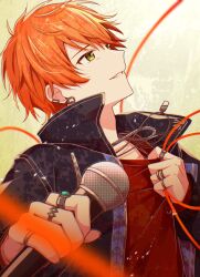 Rule 34 | 1boy, blonde hair, chain, chain necklace, ear chain, earrings, find a way out (project sekai), highres, holding, holding microphone, jewelry, long sleeves, male focus, microphone, multicolored hair, multiple rings, necklace, orange hair, project sekai, ring, shinonome akito, short hair, streaked hair, string, string of fate, stud earrings, teneko02, yellow eyes