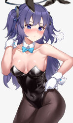 Rule 34 | 1girl, absurdres, adjusting clothes, alternate costume, animal ears, armpits, bare arms, bare shoulders, black leotard, black pantyhose, blue archive, blue bow, blue bowtie, blue eyes, blush, bow, bowtie, breasts, closed mouth, collar, contrapposto, covered navel, detached collar, fake animal ears, fake tail, gloves, groin, halo, hand in own hair, hand up, highleg, highleg leotard, highres, leotard, looking at viewer, medium breasts, pantyhose, pizza (pizzania company), playboy bunny, purple hair, rabbit ears, rabbit tail, shiny skin, sidelocks, simple background, solo, strapless, strapless leotard, sweatdrop, tail, thighs, two side up, white background, white collar, white gloves, white wrist cuffs, wrist cuffs, yuuka (blue archive)