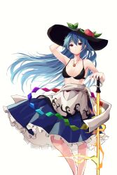 Rule 34 | 1girl, absurdres, apron, arm up, bikini, bikini top only, black bikini, black hat, blue hair, blue skirt, breasts, cleavage, collarbone, commentary request, feet out of frame, floating hair, food, frilled skirt, frills, fruit, hair between eyes, hand on headwear, hand on hilt, hat, highres, hinanawi tenshi, hira-san, jewelry, leaf, long hair, looking at viewer, medium breasts, peach, peach hat ornament, pendant, red eyes, simple background, skirt, solo, sweat, swimsuit, sword of hisou, touhou, waist apron, white apron, white background