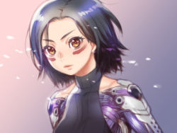 Rule 34 | 1girl, alita: battle angel, bad id, bad pixiv id, black hair, commentary request, cyborg, facial mark, folks (nabokof), alita, battle angel alita, lips, looking at viewer, short hair, sleeveless, sleeveless turtleneck, solo, turtleneck, yellow eyes