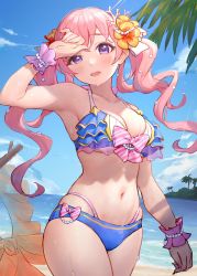 Rule 34 | 1girl, arm up, beach, bikini, blue bikini, blush, bow, breasts, cleavage, collarbone, commentary request, cowboy shot, day, flower, hair bow, hair flower, hair ornament, heart, highres, large breasts, long hair, looking at viewer, navel, ocean, open mouth, orange flower, outdoors, pink bow, pink hair, princess connect!, purple eyes, skindentation, solo, striped, striped bow, swimsuit, takeashiro, tsumugi (princess connect!), tsumugi (summer) (princess connect!), twintails, water, wet, wet hair, white bow, wrist cuffs