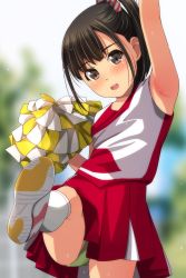 Rule 34 | 1girl, :d, absurdres, arm up, armband, black hair, blurry, blurry background, blush, bow, brown eyes, cheerleader, day, depth of field, diagonal stripes, green panties, hair bow, head tilt, highres, kneehighs, looking at viewer, matsunaga kouyou, open mouth, original, outdoors, panties, pleated skirt, pom pom (cheerleading), ponytail, red skirt, shirt, shoe soles, shoes, skirt, sleeveless, sleeveless shirt, smile, socks, solo, standing, standing on one leg, striped, striped bow, teeth, underwear, upper teeth only, white footwear, white shirt, white socks