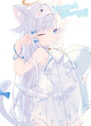 Rule 34 | 1girl, ;o, animal ear fluff, animal ears, bare shoulders, bell, blue bow, blue eyes, bow, cat ears, cat girl, cat tail, choker, commission, cowboy shot, dress, frilled dress, frilled pillow, frills, hair bow, halo, highres, holding, holding pillow, indie virtual youtuber, komomo (2899), long hair, looking at viewer, mask, mask on head, one eye closed, parted lips, pillow, signature, simple background, skeb commission, sleep mask, sleeveless, sleeveless dress, solo, tail, tail ornament, virtual youtuber, white background, white bow, white dress, white hair, wings