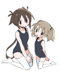 Rule 34 | 2girls, arms behind back, bare shoulders, between legs, black eyes, black one-piece swimsuit, blush stickers, breasts, brown eyes, brown hair, character request, collarbone, dot nose, flat chest, full body, hair bobbles, hair flaps, hair ornament, hand between legs, highres, kneeling, kokaki mumose, kuroshio current, light brown hair, long hair, looking at viewer, low ponytail, multiple girls, nagi akasa, no sclera, one-piece swimsuit, open mouth, parted lips, raised eyebrows, school swimsuit, short twintails, sideways glance, simple background, sketch, small breasts, smile, swimsuit, thighhighs, twintails, very long hair, white background, white thighhighs