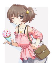 Rule 34 | 10s, 1girl, alisa (girls und panzer), bag, brown eyes, brown hair, carrying, casual, closed mouth, commentary request, cowboy shot, flying sweatdrops, food, freckles, girls und panzer, grey background, grey skirt, hair ornament, handbag, heart, heart necklace, holding, holding food, ice cream, ice cream cone, jewelry, light frown, looking at viewer, moro (like the gale!), necklace, off-shoulder shirt, off shoulder, outside border, pink shirt, print skirt, shirt, short hair, short twintails, skirt, solo, standing, star (symbol), star hair ornament, twintails