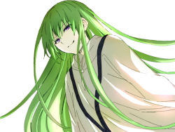 Rule 34 | 1other, closed mouth, enkidu (fate), fate/strange fake, fate (series), green hair, hair between eyes, kingu (fate), long hair, looking at viewer, purple eyes, robe, simple background, smile, solo, tachitsu teto, upper body, very long hair, white background, white robe