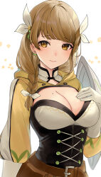 Rule 34 | 1girl, braid, breasts, brown eyes, brown hair, cleavage, commentary request, corset, fire emblem, fire emblem engage, gloves, goldmary (fire emblem), hair ribbon, haru (nakajou-28), highres, large breasts, long hair, long sleeves, nintendo, revision, ribbon, shrug (clothing), solo, upper body, white background, white gloves, white ribbon