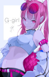 Rule 34 | 1girl, absurdres, belt, crop top, earrings, english text, eyewear on head, goma irasuto, highres, jewelry, looking at viewer, original, pink eyes, pink hair, pink theme, shirt, signature, sleeveless, sleeveless shirt, solo, sunglasses, twintails