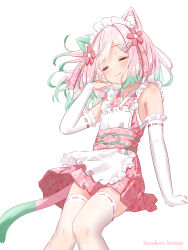 Rule 34 | absurdres, animal ears, apron, bridal gauntlets, cat ears, cat girl, cat tail, closed eyes, closed mouth, dress, green hair, hand on own face, hazakura hinata, highres, maid, maid apron, maid headdress, multicolored hair, original, pink dress, pink hair, simple background, smile, tail, variant set, wa maid, white background
