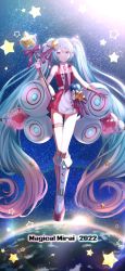 Rule 34 | 1girl, 2022, absurdly long hair, aqua eyes, aqua hair, armlet, badge, bare arms, bloom, boots, commentary, copyright name, dress, earth (planet), full body, gloves, gradient hair, hair ornament, hair ribbon, hand up, hatsune miku, headphones, heart, highres, holding, holding wand, itogari, knee boots, long hair, magical mirai (vocaloid), magical mirai miku, magical mirai miku (2022), microphone, microphone wand, midair, multicolored hair, night, night sky, pink dress, pink footwear, pink gloves, pink hair, pink ribbon, planet, radio antenna, ribbon, rocket, sky, sleeveless, sleeveless dress, solo, space, speaker, standing, star (sky), star (symbol), star hair ornament, striped ribbon, sunrise, thigh strap, twintails, two-tone hair, very long hair, vocaloid, wand