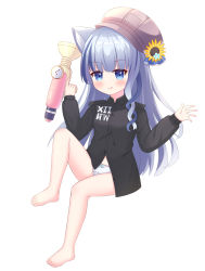 Rule 34 | 1girl, :q, absurdres, animal ear fluff, animal ears, bare legs, barefoot, black shirt, blue eyes, blue hair, blush, bow, bow panties, breasts, brown hat, cabbie hat, cat ears, closed mouth, collared shirt, copyright request, dress shirt, flower, full body, hat, hat flower, highres, holding, knee up, liang feng qui ye, long hair, long sleeves, looking at viewer, panties, shirt, simple background, sitting, small breasts, smile, solo, sunflower, tilted headwear, tongue, tongue out, underwear, very long hair, white background, white panties, yellow flower