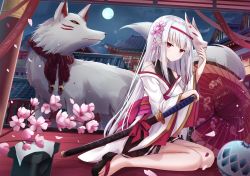 Rule 34 | 1girl, architecture, barefoot, blunt bangs, building, cherry blossoms, east asian architecture, flower, fox, fox mask, full moon, hair flower, hair ornament, highres, japanese clothes, kimono, long hair, looking at viewer, mask, moon, night, obi, off shoulder, oil-paper umbrella, original, petals, red eyes, sandals, sash, short kimono, sitting, skirt, solo, sword, thighs, touhourh, umbrella, wariza, weapon, white hair