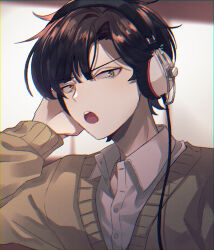 Rule 34 | 1boy, annoyed, asymmetrical bangs, black hair, brown background, brown hair, buttons, cable, cardigan, collared shirt, commentary request, enomoto takane, genderswap, genderswap (ftm), gradient background, gradient hair, grey background, hair between eyes, hand on own head, headphones, highres, kagerou project, long sleeves, looking at viewer, male focus, mokemoke chan, multicolored background, multicolored hair, muted color, open collar, open mouth, parted hair, partially unbuttoned, school uniform, shirt, solo, teeth, tsurime, unbuttoned, upper body, upper teeth only, v-neck, white background, white shirt, yellow cardigan, yellow eyes