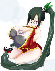 Rule 34 | 1girl, arakune, arc system works, bare shoulders, black bra, black hair, blazblue, blazblue: calamity trigger, bra, breasts, china dress, chinese clothes, cleavage, dress, female focus, gigantic breasts, glasses, highres, lao jiu, lingerie, litchi faye ling, long hair, morokoshi, ponytail, purple eyes, sitting, solo, underwear, very long hair, white background