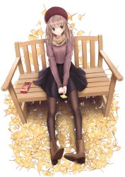 Rule 34 | 1girl, bad id, bad pixiv id, bench, beret, black pantyhose, black skirt, boots, brown eyes, brown footwear, brown hair, brown scarf, chikuwa (odennabe), closed mouth, food, full body, ginkgo tree, hat, holding, holding leaf, leaf, long hair, long legs, long sleeves, looking to the side, original, pantyhose, pocky, scarf, sitting, skirt, solo, sweater, transparent background