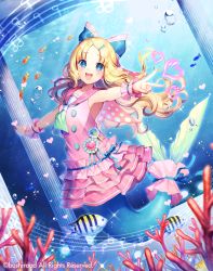 Rule 34 | 1girl, :d, animal, beamed quavers, blonde hair, blue eyes, blurry, blurry foreground, blush, bubble, cardfight!! vanguard, character request, commentary request, coral, crotchet, depth of field, dress, dutch angle, fingernails, fish, fish request, forehead, heart, long hair, looking at viewer, mermaid, momoshiki tsubaki, monster girl, musical note, nail polish, official art, open mouth, outstretched arms, parted bangs, pink dress, pink nails, pink sailor collar, quaver, sailor collar, sailor dress, smile, solo, sparkle, underwater, upper body, very long hair, water, wrist cuffs