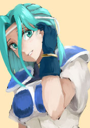 Rule 34 | 1girl, adjusting hair, aqua eyes, aqua hair, arm at side, armor, black gloves, blue armor, blush, bracelet, breastplate, breasts, female focus, fiora, fiora (fire emblem), fire emblem, fire emblem: the blazing blade, gloves, grin, hair between eyes, hair intakes, hand in own hair, hand up, head tilt, headband, jewelry, lips, long hair, looking at viewer, matching hair/eyes, nintendo, parted lips, pauldrons, pegasus knight uniform (fire emblem), shirt, short sleeves, shoulder armor, simple background, smile, solo, tan background, traditional media, uniform, upper body, white shirt, white uniform, yasaidon
