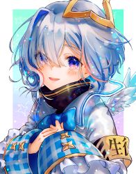 Rule 34 | 1girl, amane kanata, angel, angel wings, armband, blue eyes, bob cut, bow, colored inner hair, cuffs, feathered wings, grey hair, halo, hands on own chest, highres, hololive, multicolored hair, open mouth, plaid, single hair intake, smile, solo, star halo, syukonbu, two-tone hair, upper body, virtual youtuber, wings