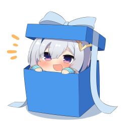 Rule 34 | 1girl, :d, amane kanata, blunt bangs, box, chibi, commentary, gift, gift box, grey hair, hair ornament, hands up, hololive, in box, in container, long sleeves, looking at viewer, multicolored hair, no nose, open mouth, peeking out, plaid, purple eyes, smile, solo, streaked hair, twumi, virtual youtuber