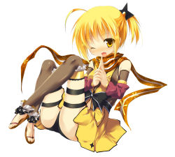 Rule 34 | 1girl, ;d, ahoge, arm warmers, barefoot, black bow, black shorts, blonde hair, bow, brown scarf, feet, fishnet thighhighs, fishnets, flower knight girl, full body, hair ornament, izumi yukiru, kuji-in, looking at viewer, miniskirt, ninja, one eye closed, open mouth, otogirisou (flower knight girl), own hands together, ponytail, sandals, scarf, short hair, short shorts, shorts, shorts under skirt, shuriken, skirt, smile, solo, thighhighs, toes, weapon, white background, yellow eyes, yellow skirt