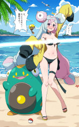 1girl :d absurdres arm_up beach bellibolt bikini black_bikini blush border bow-shaped_hair breasts character_hair_ornament commentary_request creatures_(company) eggman_(pixiv28975023) flip-flops full_body game_freak hair_ornament happy highres iono_(pokemon) jacket knees long_hair long_sleeves multicolored_hair navel nintendo open_clothes open_jacket open_mouth pokemon pokemon_(creature) pokemon_sv sandals sleeves_past_fingers sleeves_past_wrists smile solo swimsuit tadbulb teeth thigh_strap toes twintails two-tone_hair upper_teeth_only wardrobe_malfunction white_border x yellow_background yellow_jacket